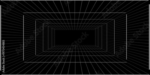 Futuristic perspective grid box. Abstract wireframe with white grid line on black background. Virtual reality landscape in 80s 90s digital style. Vector