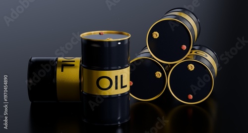 Industrial oil barrels 3D render. Black metal crude oil drums on dark background.
Group of black oil barrels isolated on dark background. Energy resources and fuel industry concept.