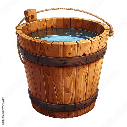 Rustic wooden pail brimful with clear, cool water