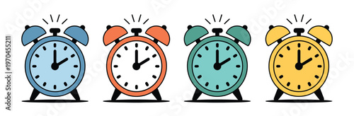 Alarm clock icons illustration, colorful ringing clocks in multiple styles for time management, reminders, scheduling, and productivity design.
