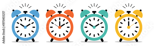 Alarm clock illustration set, colorful ringing clocks in different styles for time management, reminders, scheduling, and productivity design.