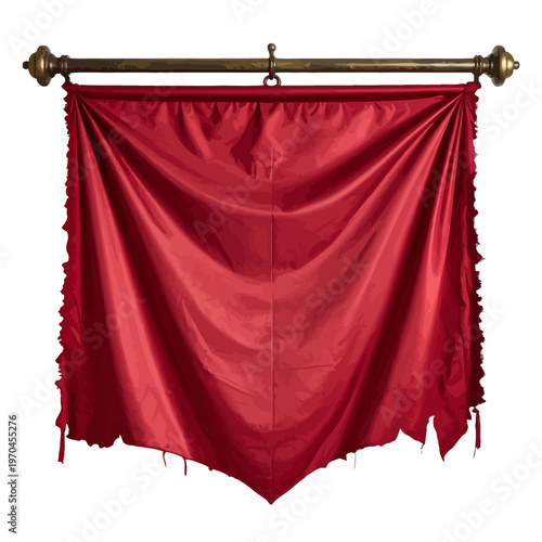 A tattered, deep red fabric banner hangs from a brass pole