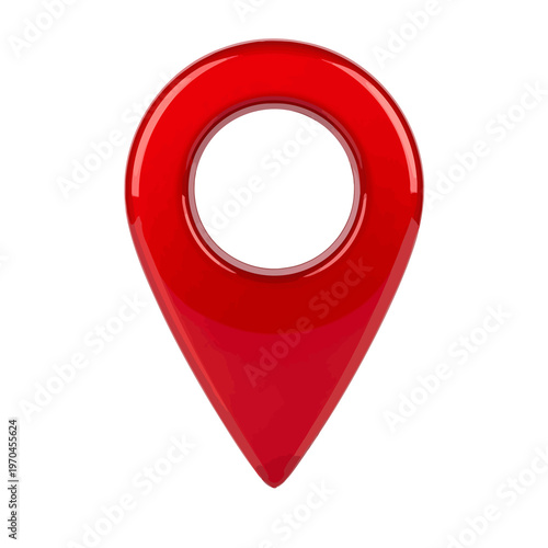 Glossy red map pin marker with a dark circular hole, isolated on black