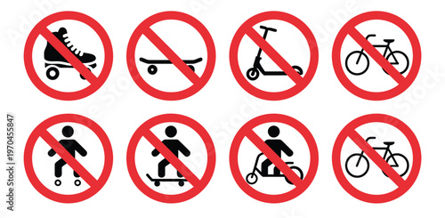 No roller skate icons illustration, prohibition and allowed symbols for skateboard bike and scooter with green and red signage.