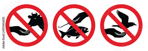 No feeding animals prohibition icons illustration set, red crossed signs with hand feeding fish, mammal cow and bird warning symbols.
