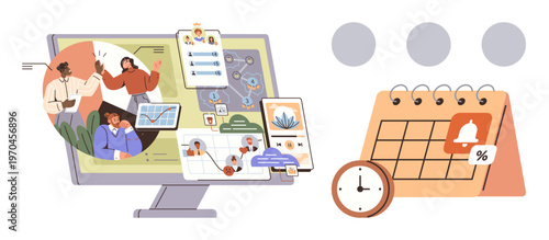 Project management, teamwork, productivity tools, business planning, task tracking, schedule optimization. Screen showing team communication and workflow. Project management and teamwork concept