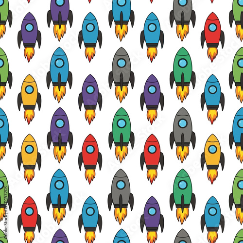 Seamless Pattern of Colorful Cartoon Rockets Flying Upwards.