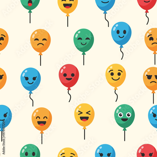 Seamless Pattern of Colorful Emoji Balloons with Various Expressions.