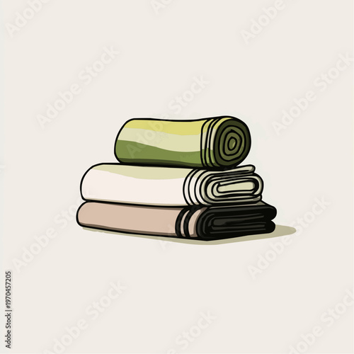 Flat vector illustration of neatly folded and rolled towels, perfect for laundry service ads, home decor blogs, or bathroom product packaging.
