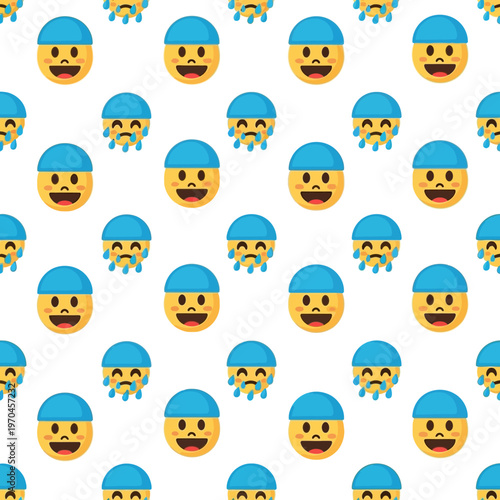 Seamless Pattern of Happy and Crying Emojis with Blue Hats.