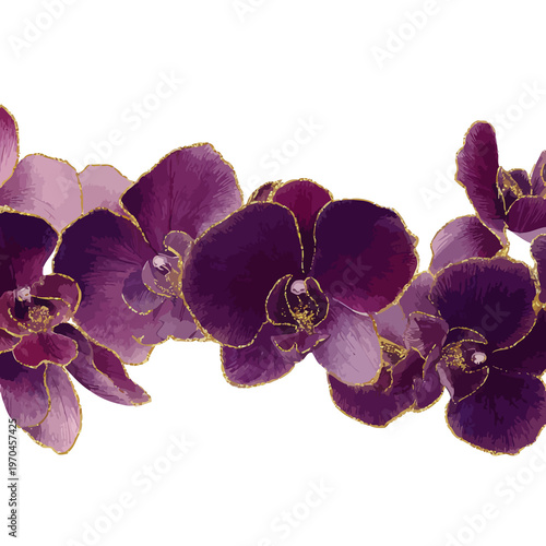A border of deep purple orchid blooms with gilded edges