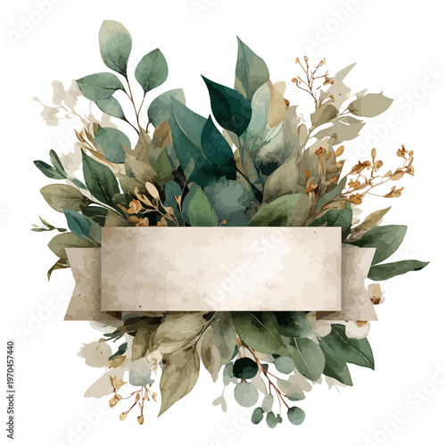 Elegant watercolor foliage arrangement with a central blank banner