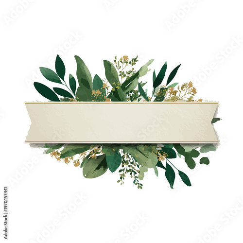 Elegant banner with green foliage and golden accents, perfect for invitations