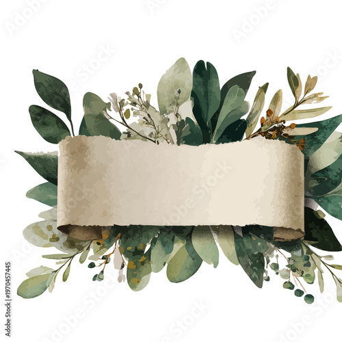 Rustic parchment banner surrounded by lush green foliage, organic design