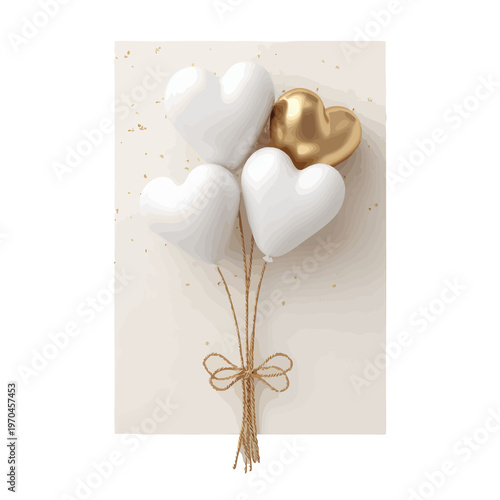 A bunch of white and gold heart-shaped balloons tied with twine
