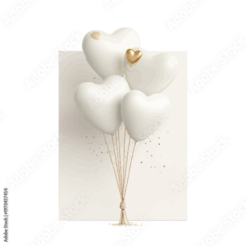 A cluster of creamy white heart-shaped balloons with a golden accent, tied with a tassel