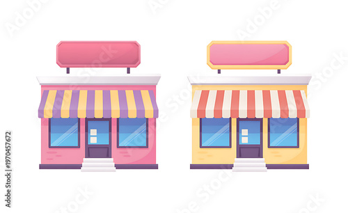 A set of two small pixel art storefront buildings with striped awnings and blank signage boards