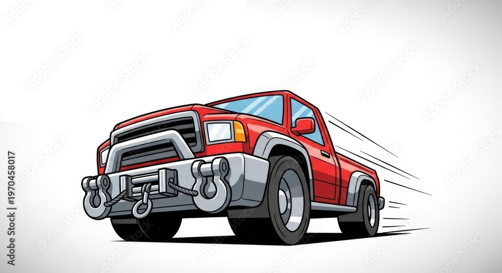 Fototapeta premium Red Pickup Truck Speeding on White Background.
