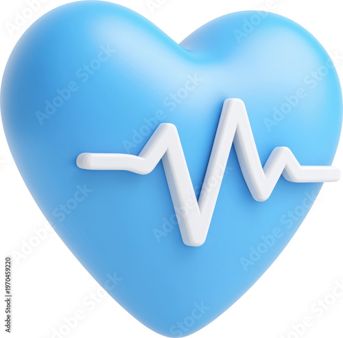3d cute cartoon blue heart with pulse wave icon isolated on transparent background.
