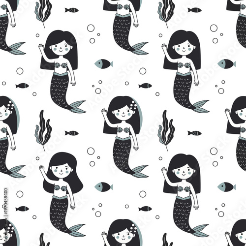 Cute Cartoon Mermaids Seamless Pattern Illustration.