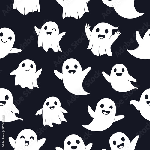 Cute Ghost Characters Seamless Pattern Halloween Theme.