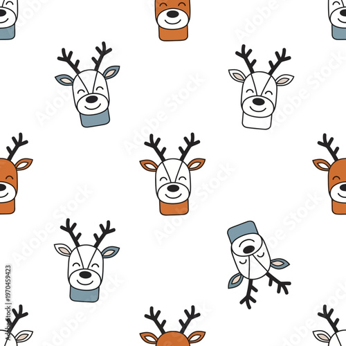 Cute Hand Drawn Reindeer Faces Seamless Pattern.