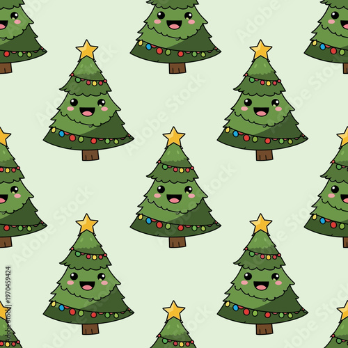 Cute Kawaii Christmas Tree Pattern Seamless Repeating.