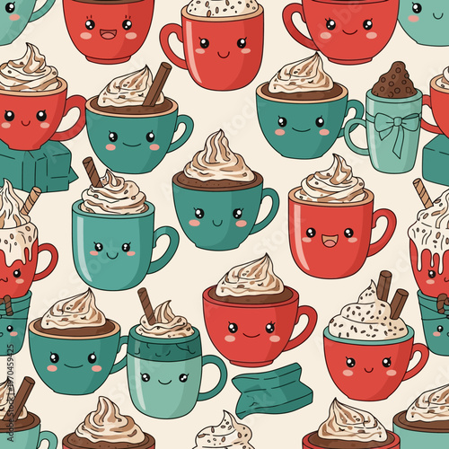 Cute Kawaii Hot Chocolate Cups with Whipped Cream and Sprinkles.