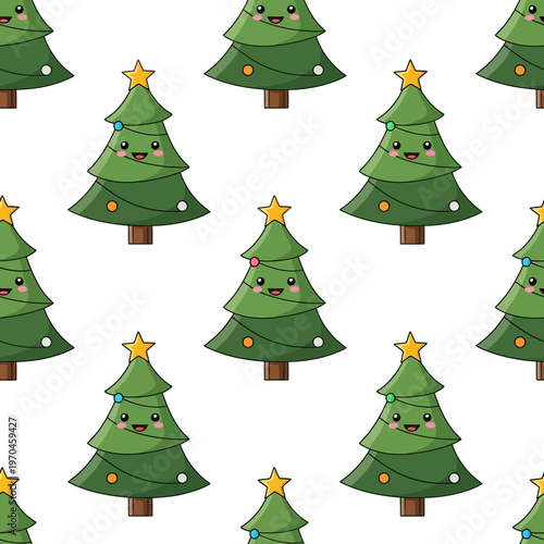 Cute Kawaii Christmas Tree Pattern Seamless.