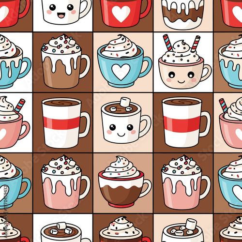 Cute Kawaii Hot Chocolate Mugs Collection Seamless Pattern.