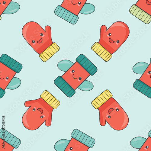 Cute Kawaii Red Mittens with Smiling Faces Pattern.