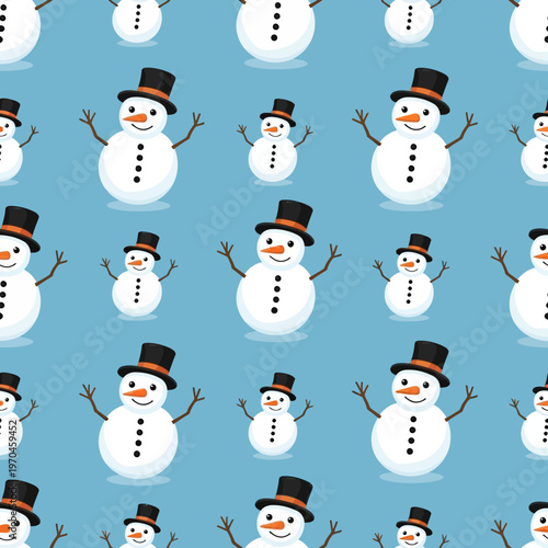 Cute Snowman Characters with Top Hats and Scarves Seamless Pattern.