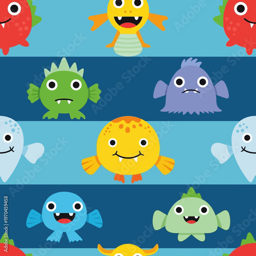 Seamless pattern of cute cartoon monsters in various colors.