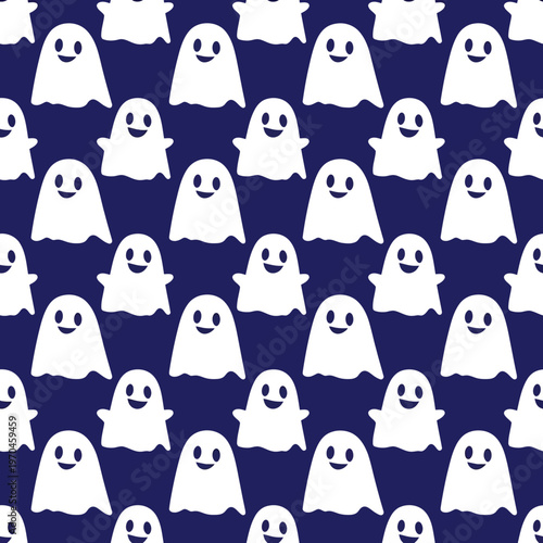 Cute White Ghosts Seamless Pattern on Dark Blue Background.