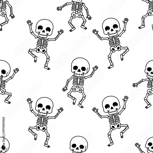 Seamless pattern of dancing cartoon skeletons on white background.