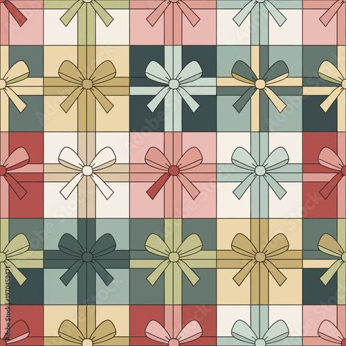 Seamless Pattern of Festive Bows on Plaid Background.