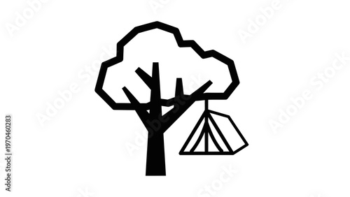 Minimalist black and white icon of a tree with a hanging tent for outdoor adventure, camping, nature, and glamping