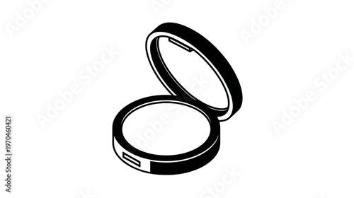 Open compact powder case with mirror icon. Black and white outline illustration of a beauty cosmetic product for makeup.