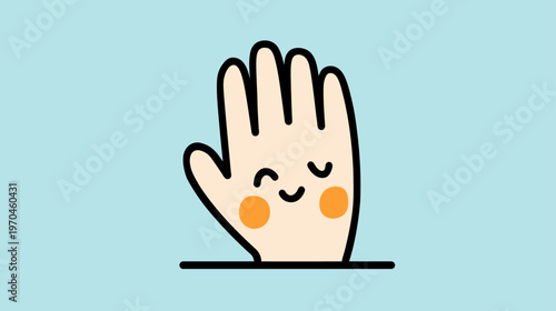 Charming cartoon hand character with a cute smiling face and rosy cheeks on the palm, friendly vector illustration on blue.