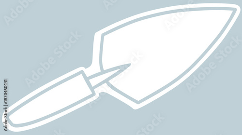 Minimalist white outline garden trowel vector icon on light blue background, simple planting tool illustration for gardening design.
