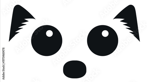 Cute Black and White Minimalist Animal Face Illustration with Pointy Ears and Large Eyes - Generic Graphic Design Element