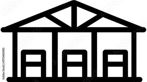 Simple line art icon of a warehouse building with three storage bays, symbolizing logistics, inventory, industrial storage, and distribution