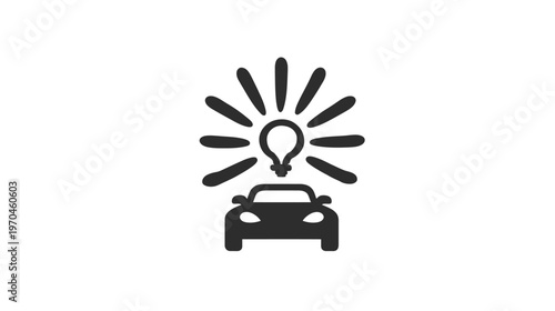 Car with lightbulb icon representing automotive innovation, smart transportation, electric vehicle idea, intelligent driving solution.