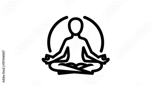 Outline icon of a person meditating in a lotus pose, representing inner peace, calm, balance, yoga, mindfulness, and spiritual well-being.