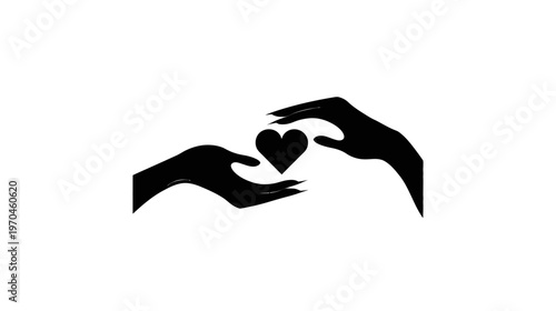 Silhouette hands holding a black heart on white. Symbolizing love, care, protection, giving, and charity. Abstract graphic concept.