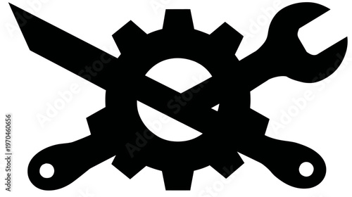 Crossed wrench, gear, and knife icon. Industrial tools symbol for engineering, mechanical repair, maintenance, and power.