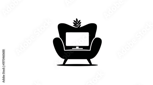 Comfortable armchair with television screen and decorative plant, symbolizing home entertainment, relaxation, and eco-friendly media.