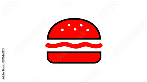 Minimalist Red Burger Icon with Sesame Seeds, Flat Vector Illustration on White Background for Food, Fast Food, or Restaurant Design