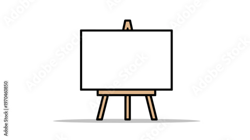 Simple cartoon illustration of an empty wooden easel with a blank white canvas, ready for painting or display.