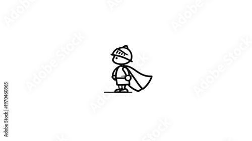 Minimalist stickman knight hero in helmet and cape, simple hand-drawn doodle character, black line art illustration on white background.